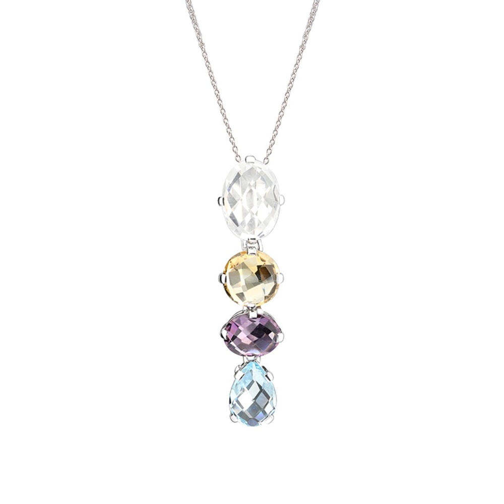 Sterling Silver Multi Color Stone Drop Pendant Necklace with Chain